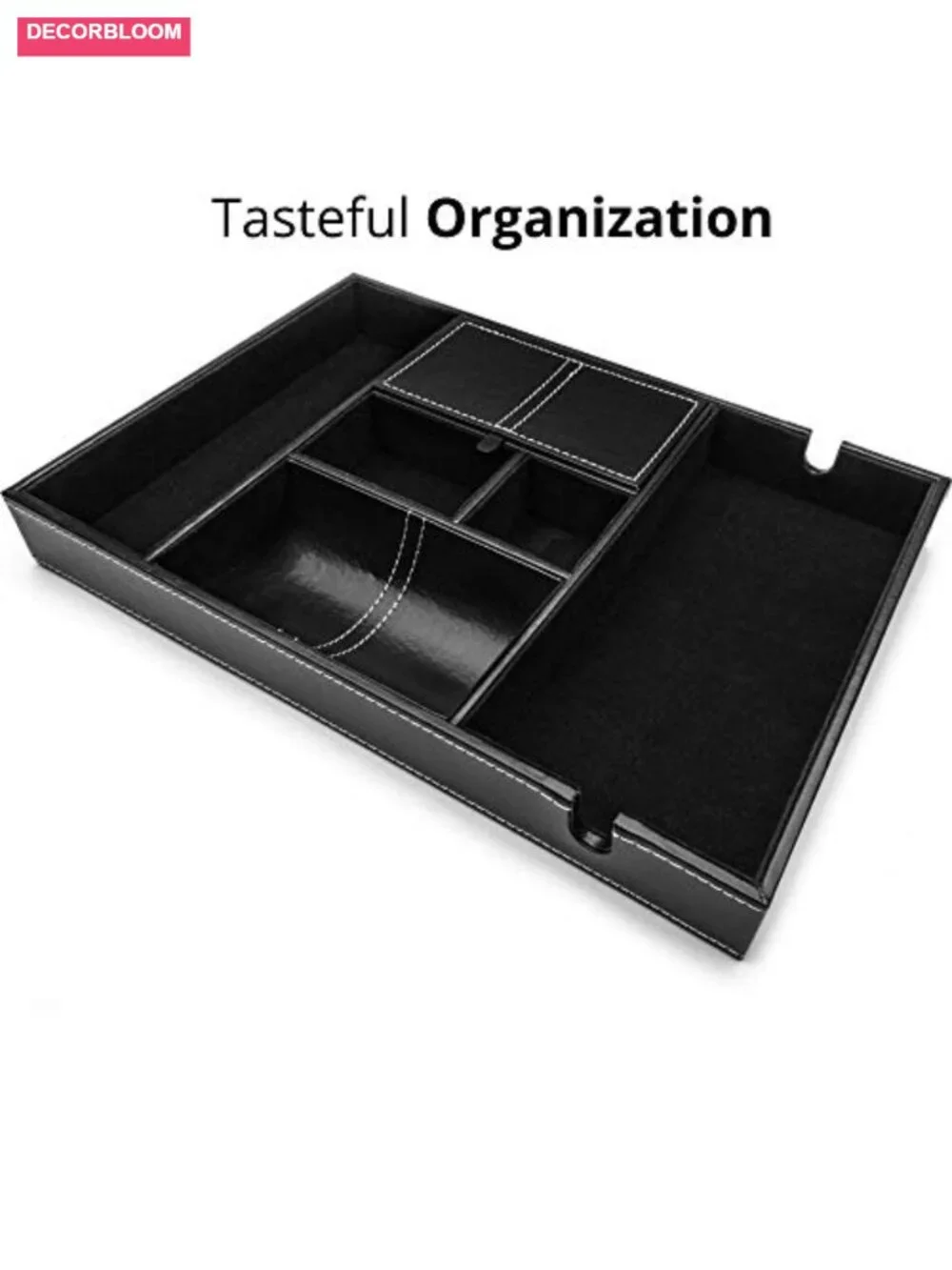 Valet Tray Organizer with 6 Compartments - Faux Leather & Velvet